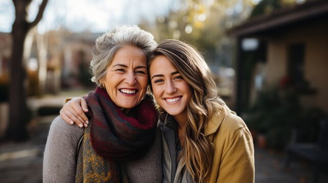 Retrato de abuela feliz y nieta adulta en el jard&iacute;n. Concepto de familia acogedora.