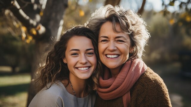 Retrato de abuela feliz y nieta adulta en el jard&iacute;n. Concepto de familia acogedora.