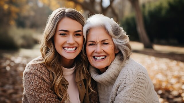 Retrato de abuela feliz y nieta adulta en el jard&iacute;n. Concepto de familia acogedora.