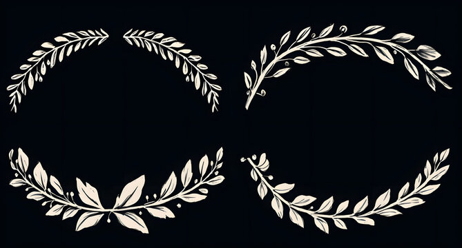  vintage white laurel leaf wreaths on black background