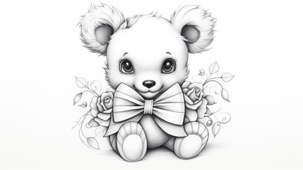  a black and white drawing of a teddy bear with a bow on it's head and roses around its neck.