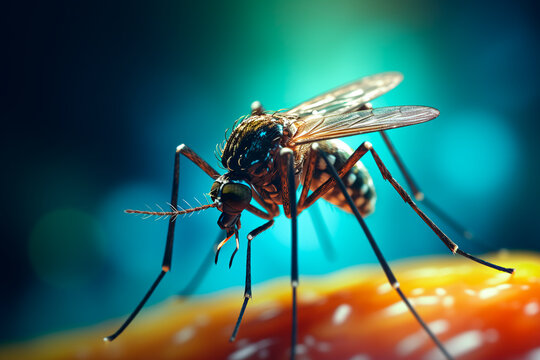 Close-up of a mosquito sucking human blood, highlighting the risk of vector-borne diseases like Dengue, Chikungunya, Mayaro, Rift Valley fever, Yellow fever, and Zika. Bright image. High quality, supe