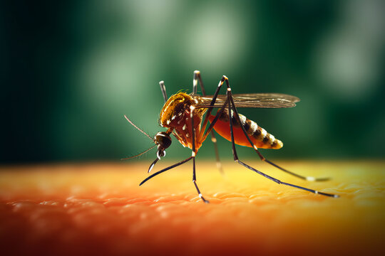 Close-up of a mosquito sucking human blood, highlighting the risk of vector-borne diseases like Dengue, Chikungunya, Mayaro, Rift Valley fever, Yellow fever, and Zika. Bright image. High quality, supe