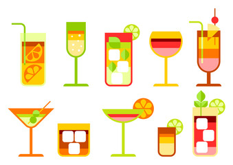 Set with various cocktails. Alcoholic drinks and in glasses.