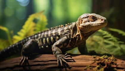 Fototapeta premium A Majestic Tegu Lizard Perched on a Weathered Log