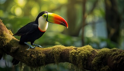 Fototapeta premium A Majestic Toco Toucan Perched on a Lush Forest Branch, Surrounded by Nature's Beauty