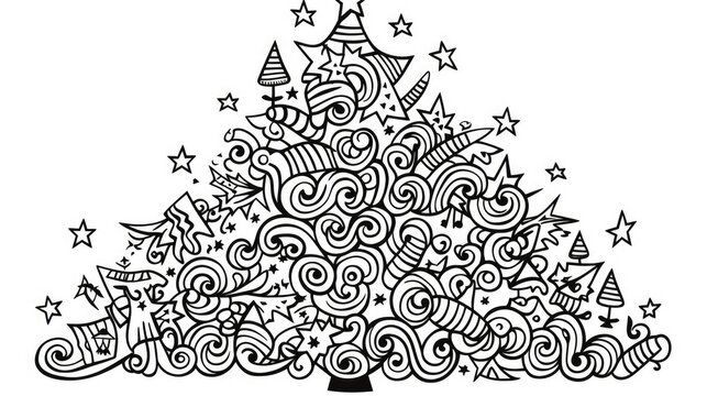  a black and white drawing of a christmas tree with swirls, stars, swirls, and swirls.