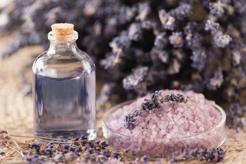 Obraz na płótnie Canvas lavender oil and salt in glass bottle on background of dry lavender flowers. bottle of essential Herbal oil or infused water. aromatherapy spa massage concept. Natural cosmetics for the body.