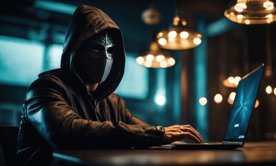 A man in mask with hood behind laptop. Symbol of group of hackers and anti system uprising against governments. Obscured dark face using computer for cyber attack, Data thief, internet attack