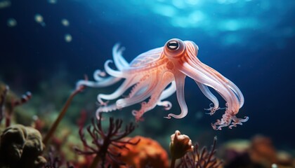 Fototapeta na wymiar An European Squid gracefully gliding through the Deep Blue Ocean Waters