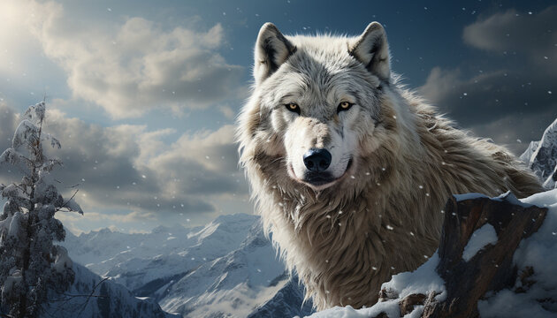 Close-up of a snowy wolf in an Arctic landscape.