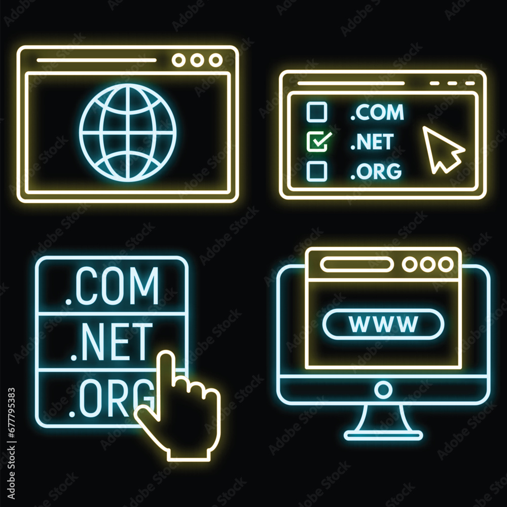 Poster web domain icons set. outline set of web domain vector icons neon color on black