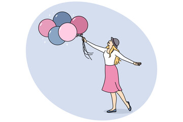 Smiling young woman holding bunch of balloons. Happy girl throw balloon in air. Freedom celebration. Vector illustration.