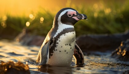 Naklejka premium A Majestic Humboldt Penguin Silhouetted in the Golden Glow of a Serene Sunset