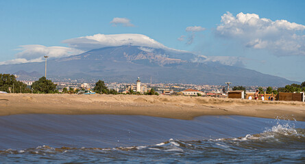 Catania beach landscape with blue sky in Italy 