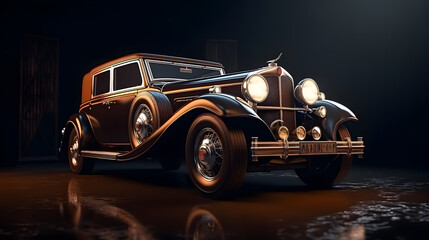 an antique black car is featured on a dark background - obrazy, fototapety, plakaty