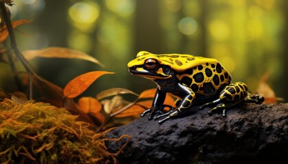 Fototapeta premium A Majestic Poison Dart Frog Perched on a Sunlit Rock, Illuminating the Surroundings