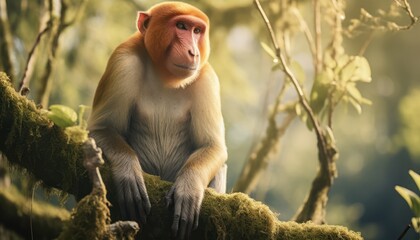 Fototapeta premium Monkey King of the Canopy: A Curious Proboscis Monkey Observing the World Below