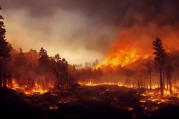 Photo sur Plexiglas Brun Forest fire disaster illustration, trees burning at night, wildfire nature destruction, damaged environment caused by global warming