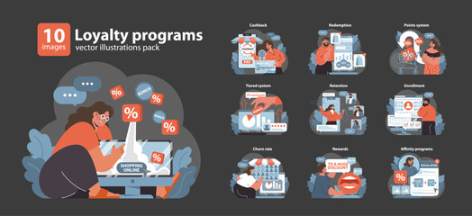 Loyalty programs set. Consumers engaging in online shopping benefits. Cashback offers, tiered memberships, customer retention. Points collection, enrollment perks, special rewards. vector illustration