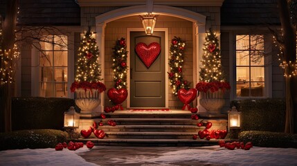  a house decorated for christmas with a heart on the front door and wreaths on the front of the house. - obrazy, fototapety, plakaty