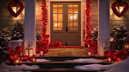  a front porch decorated for christmas with lanterns and heart - shaped lanterns on the steps and snow on the ground.