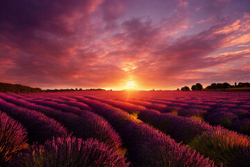 Purple lavender fields at sunset, beautiful summer landscape with violet flowers at countryside, blooming lavender lines at france