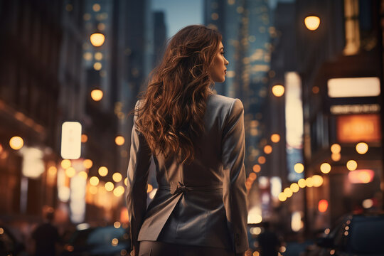 Beautiful young woman in a business suit walking in the city at night, AI Generated