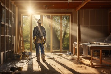 Dynamic Home Construction: Skilled Worker at a Renovation Gig, Breathing Life into Spaces. Progress Unfolding. Generative AI