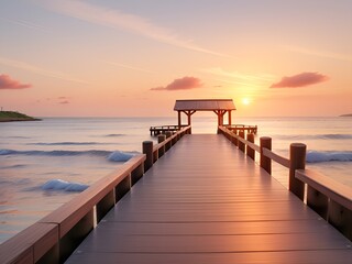 Obraz premium Wooden pier on the beach at beautiful sunset in the evening