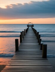 Fototapeta premium Wooden pier on the beach at beautiful sunset in the evening