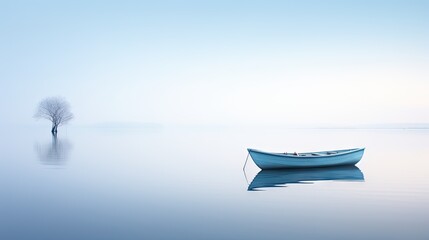  a small boat floating on top of a body of water next to a lone tree in the middle of the ocean. - Powered by Adobe