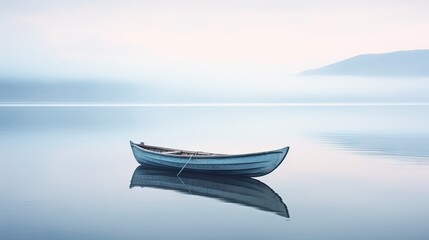  a boat floating on top of a body of water next to a shore covered in fog and low lying clouds.