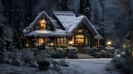 Obraz premium Charming Cottage Nestled in a Snowy Forest, Enhanced with Cool and Muted Tones to Evoke a Cozy and Enchanting Ambiance