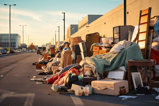 Homeless tent camp and garbage along the road in a modern city