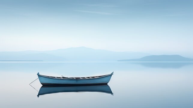  a small blue boat floating on top of a lake next to a shore covered in snow covered mountains in the distance.