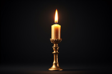 Obraz na płótnie Canvas A vintage candle burning in an antique golden candlestick is set against a black backdrop.