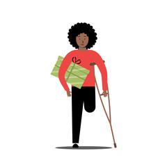 A girl with a disability is holding a Christmas present. Illustration for online store, application, print or advertising