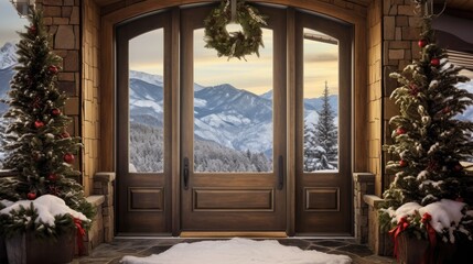  a couple of christmas trees sitting in front of a wooden door with a view of a mountain range in the distance.