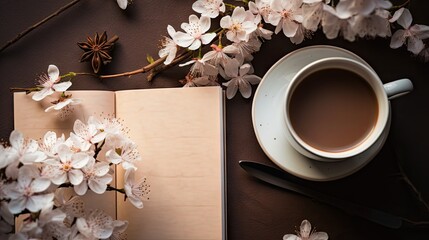  a cup of coffee next to a book and a pair of scissors on a table with white flowers on it.