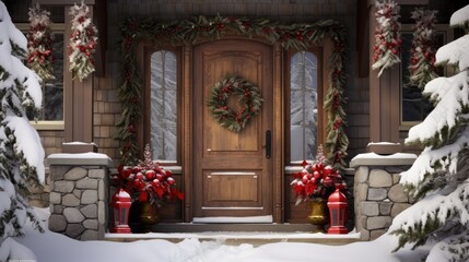  a red fire hydrant sitting in front of a wooden door with wreaths on the side of the door.