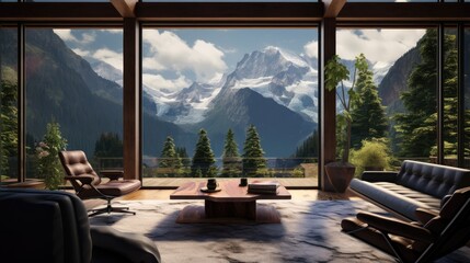  a living room filled with furniture and a large window covered in a view of a mountain covered with snow covered mountains.