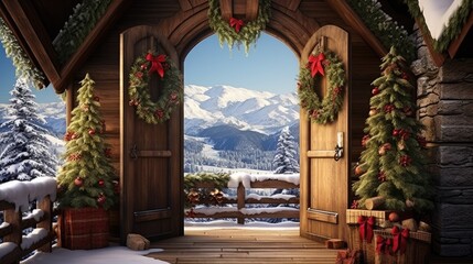  a christmas scene with an open door and a snowy mountain scene in the background with evergreens and wreaths. - obrazy, fototapety, plakaty