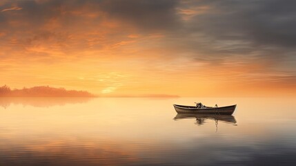 a boat floating on top of a large body of water under a cloudy sky with a sunset in the background.
