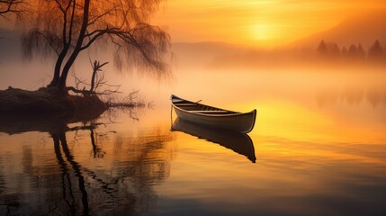  a boat floating on top of a body of water next to a tree in the middle of a foggy lake.