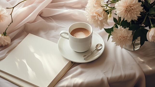  a cup of coffee sits on a saucer next to a book and a vase of flowers on a bed.