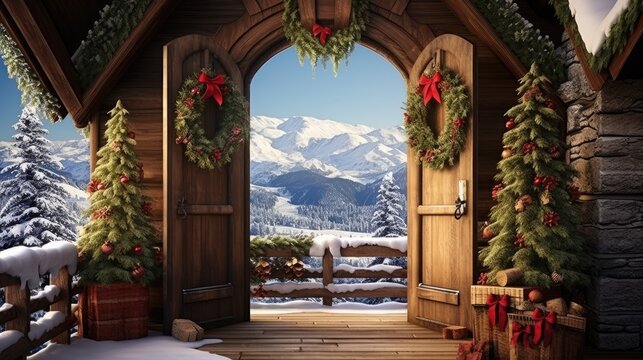  a christmas scene with an open door and a snowy mountain scene in the background with evergreens and wreaths.