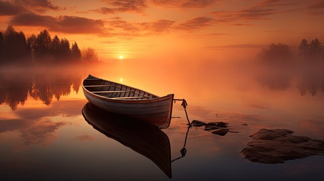  a boat floating on top of a body of water under a sky filled with clouds and a sun setting in the distance.