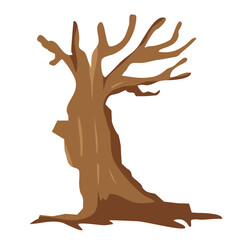 Vector flat dead old tree isolated. Brown oak tree with hollow on white background.