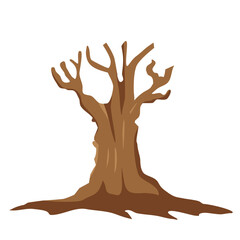 Vector flat dead old tree isolated. Brown oak tree with hollow on white background.
